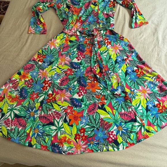 Nina‎ Leonard 3/4 Sleeve Tropical Floral Belted Midi Dress Size S - Picture 11 of 14